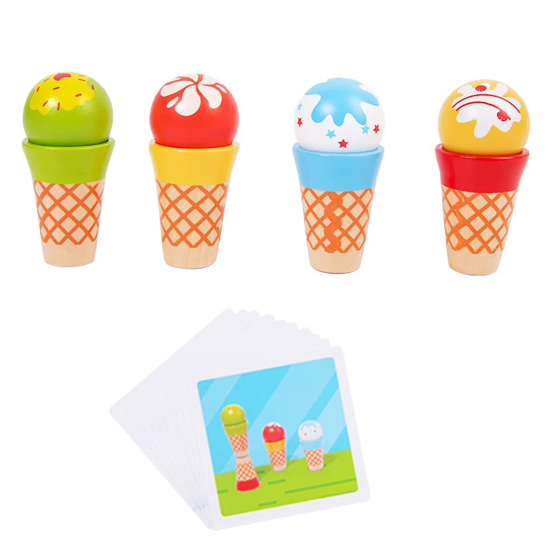 

New Creative Shape Matching Toy Wood Cute Design Cups And Balls Stacking Blocks Cartoon Diy Ice Cream