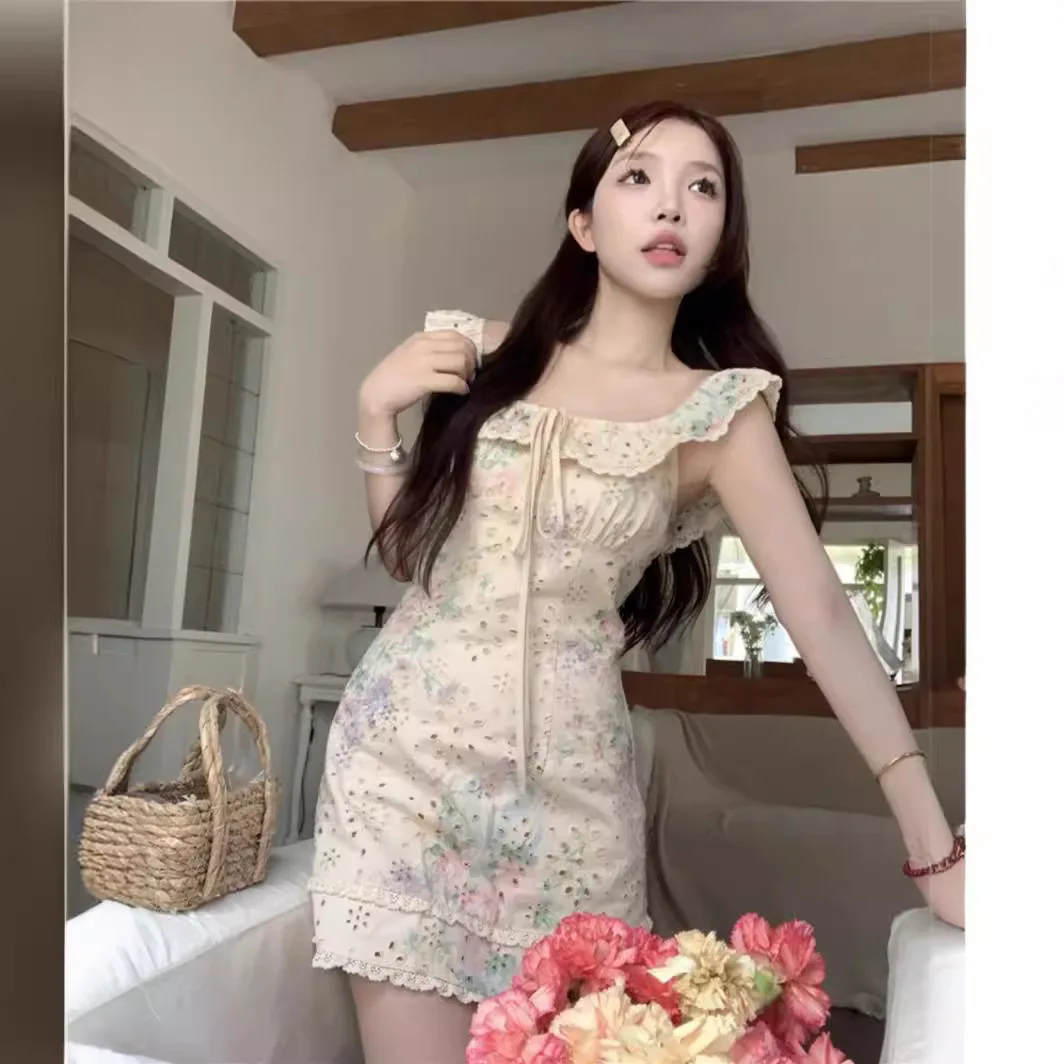 

Women's Dresses Square Collar Ruffles Flying Sleeve Mini Dresses Lace Printed Bow Vintage Sweet Chic Cute 2024 Summer