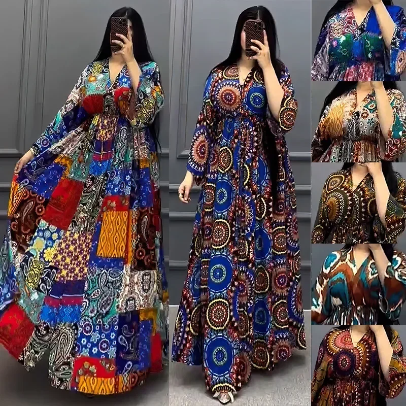 2024 African Print Dresses for Women Summer Long Sleeve V-neck High Waist Polyester Long Maxi Dress Gown Dashiki African Clothes