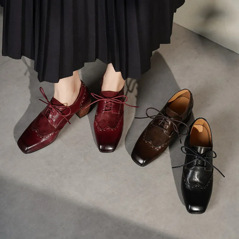 Women Retro Square Toe Lace Up Oxford Shoes 5cm Chunky Block Heel Genuine Calfskin Upper Pigskin Lining Cow Leather Insole G425 - view 3