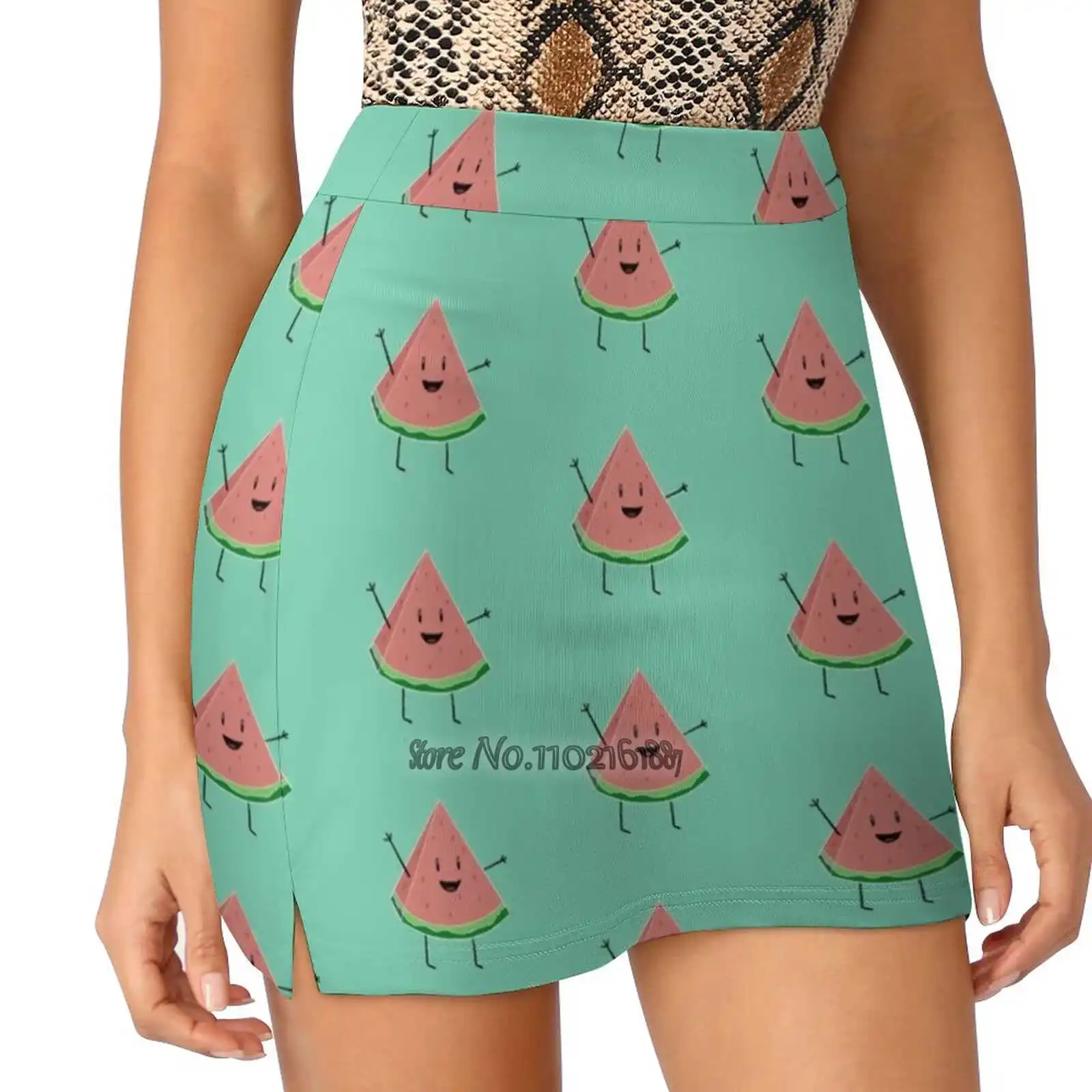 

Walter Melon - Cute Salad Fake Two-Piece Hakama Skirt Women Pencil Skirts Workout Sports Mini Skirt Fruit Melon Happy Cute