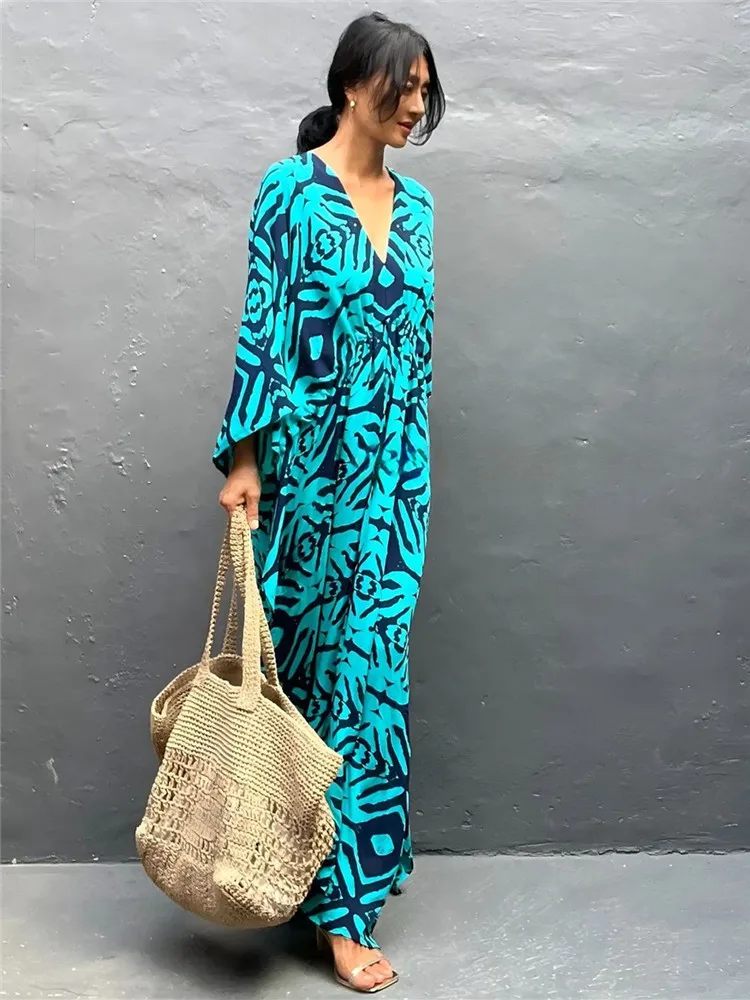2025 Abito da spiaggia con stampa popolare per donna Abito estivo Abito lungo con maxi kimono diviso Costume da bagno Cover Up Beachwear Outwear
