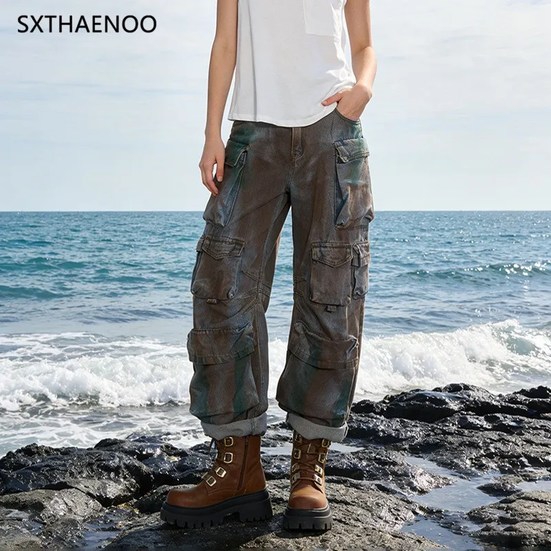 

Джинсы SXTHAENOO: Новинка лета, женские, модные, в стиле рабочей одежды, с пэчворком, прямые, со средней посадкой, из денима, для похудения