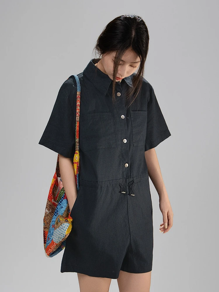 

Artisanal Workwear Style High Waist Cotton Linen Jumpsuit Shorts for Women Slimming Dark Blue Summer Fashion Commute