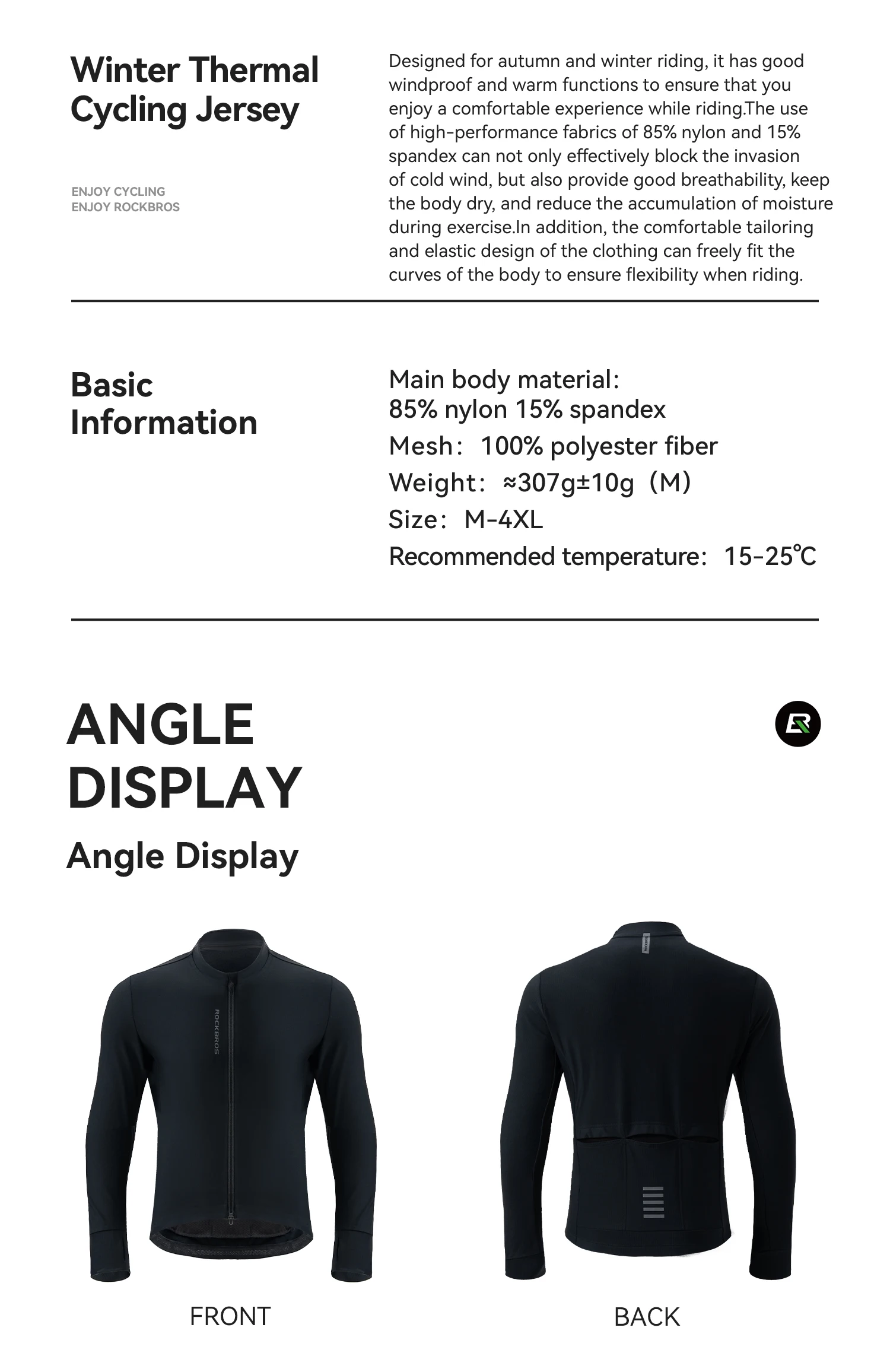 ROCKBROS Winter Thermo-Radtrikot aus Mischgewebe, winddicht, warm, wärmespeichernd, Outdoor Slim Fit Herren-Radtrikot – Detail 2