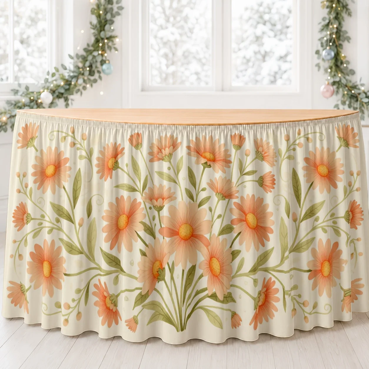 table skirt with floral print of polyester. Elegant and retro plant theme. Soft peach color. Decorative for the dining tablexzj