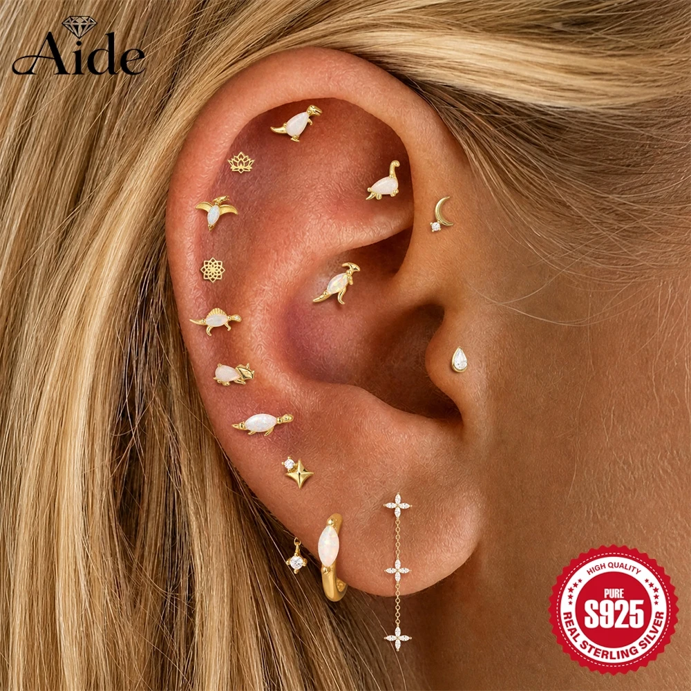 AIDE 925 Sterling Silver Animal Dinosaur Skeletonized Lotus Flower Earring Women's Star Moon Ear Cartilage Piercing Fine Jewelry