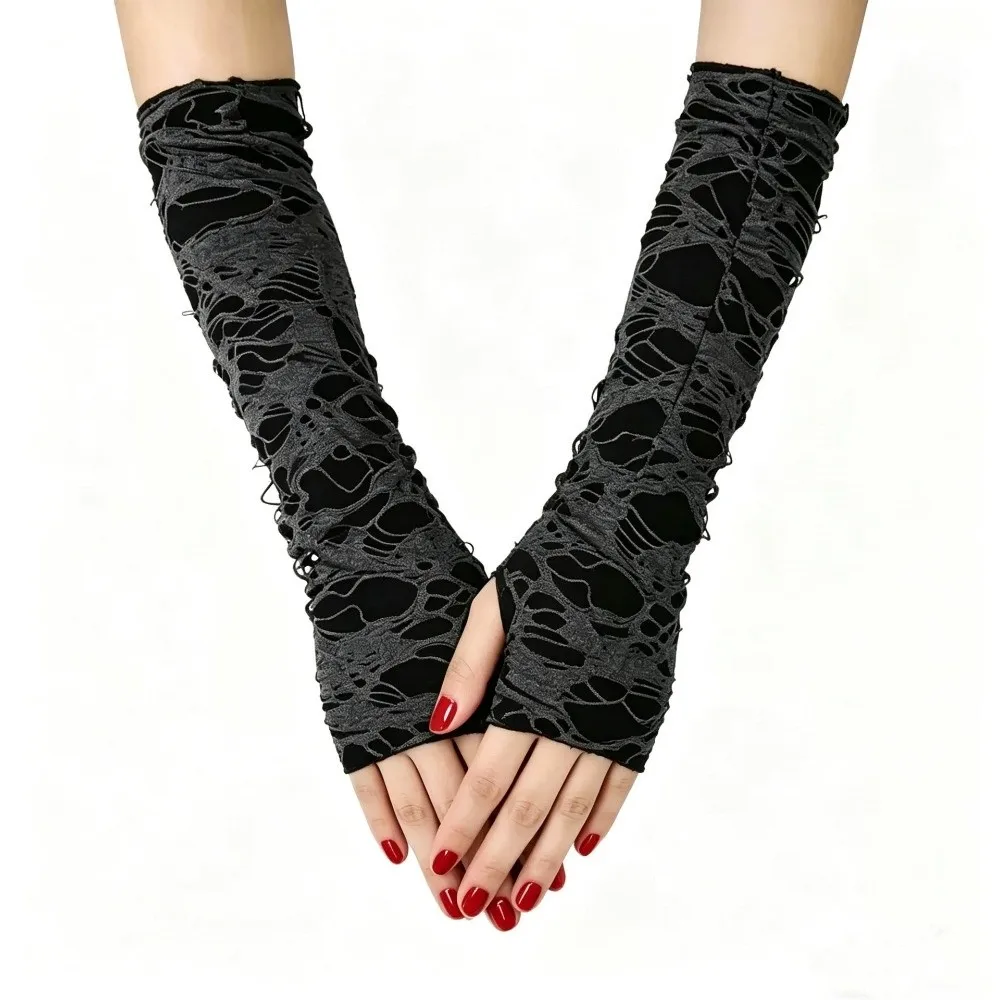 Long Punk Gloves Dark Style Distressed Style Fingerless Arm Warmers Desert Wind Knit Material Hollow Out Arm Sleeves Daily Wear