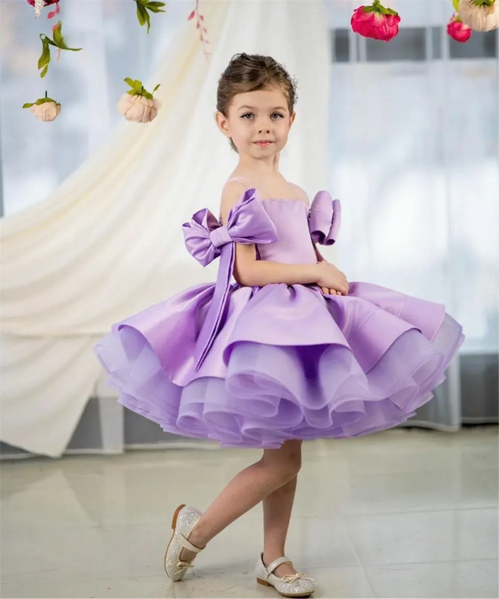 

Elegant Flower Girl Dress For Wedding Puffy Satin Sleeveless With Bow Princess Kids Party First Communion Ball Gown Customized