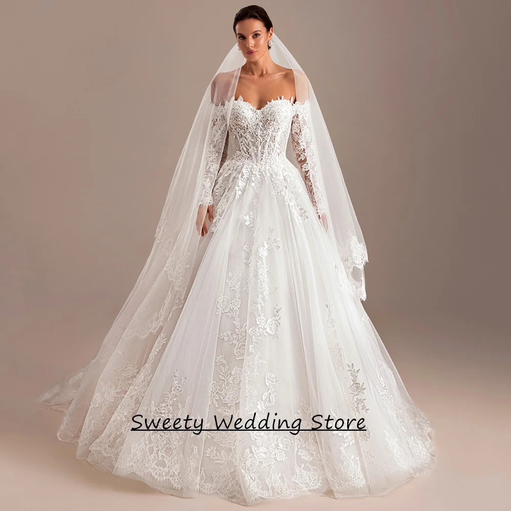 

Gorgeous Wedding Dress Customized Sweetheart Long Sleeves Applique Back Zipper Sweep Train Woman Bridal Gown Robe De Mariee