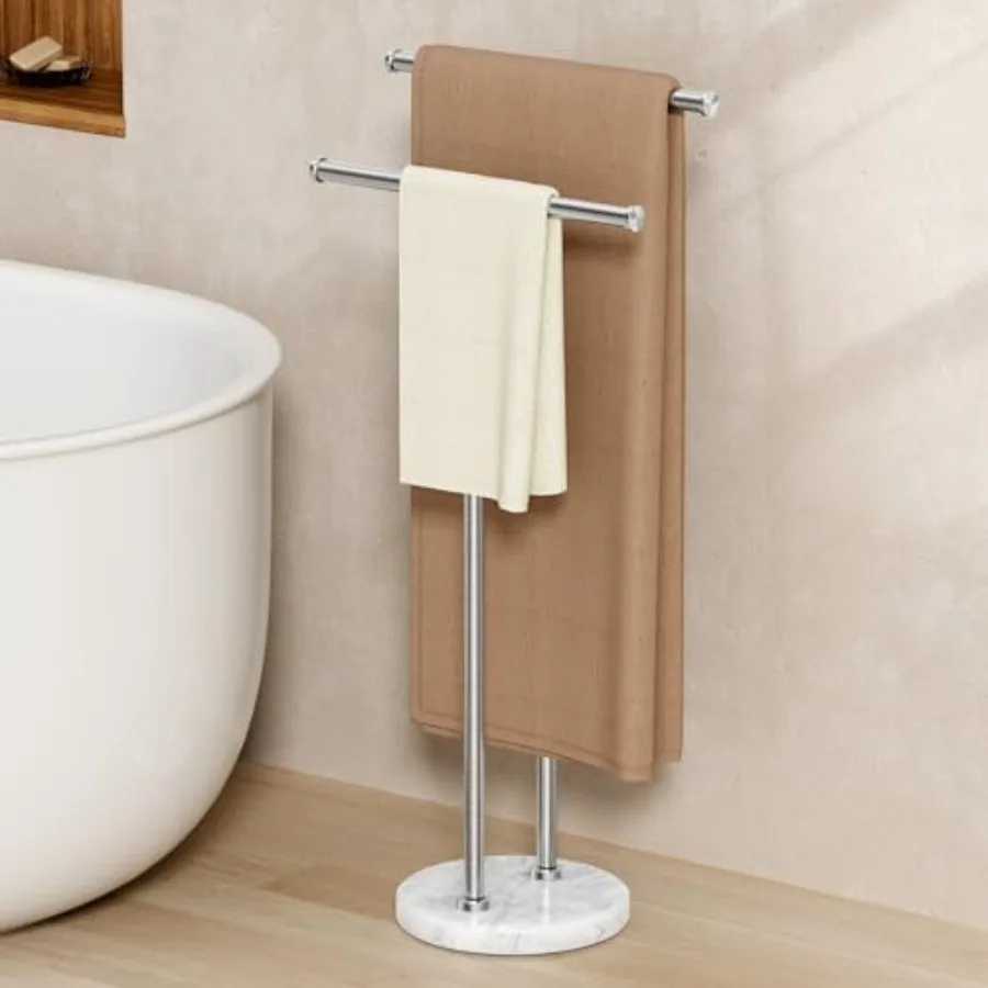 

Standing towel rack for bathroom floor with 10.5 lbs natural marble base, 2-tier free-standing double T-shape, 18/8 stainless s