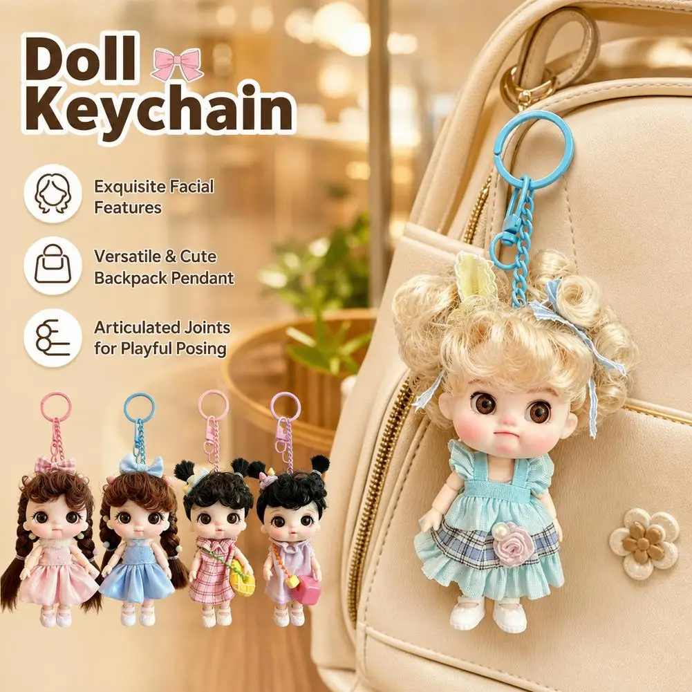 Cute Doll Keychain Kawaii Articulated Joints for BJD Bag Charm Curly Hair Princess Backpack Pendant Keyring Kids Girls Gifts