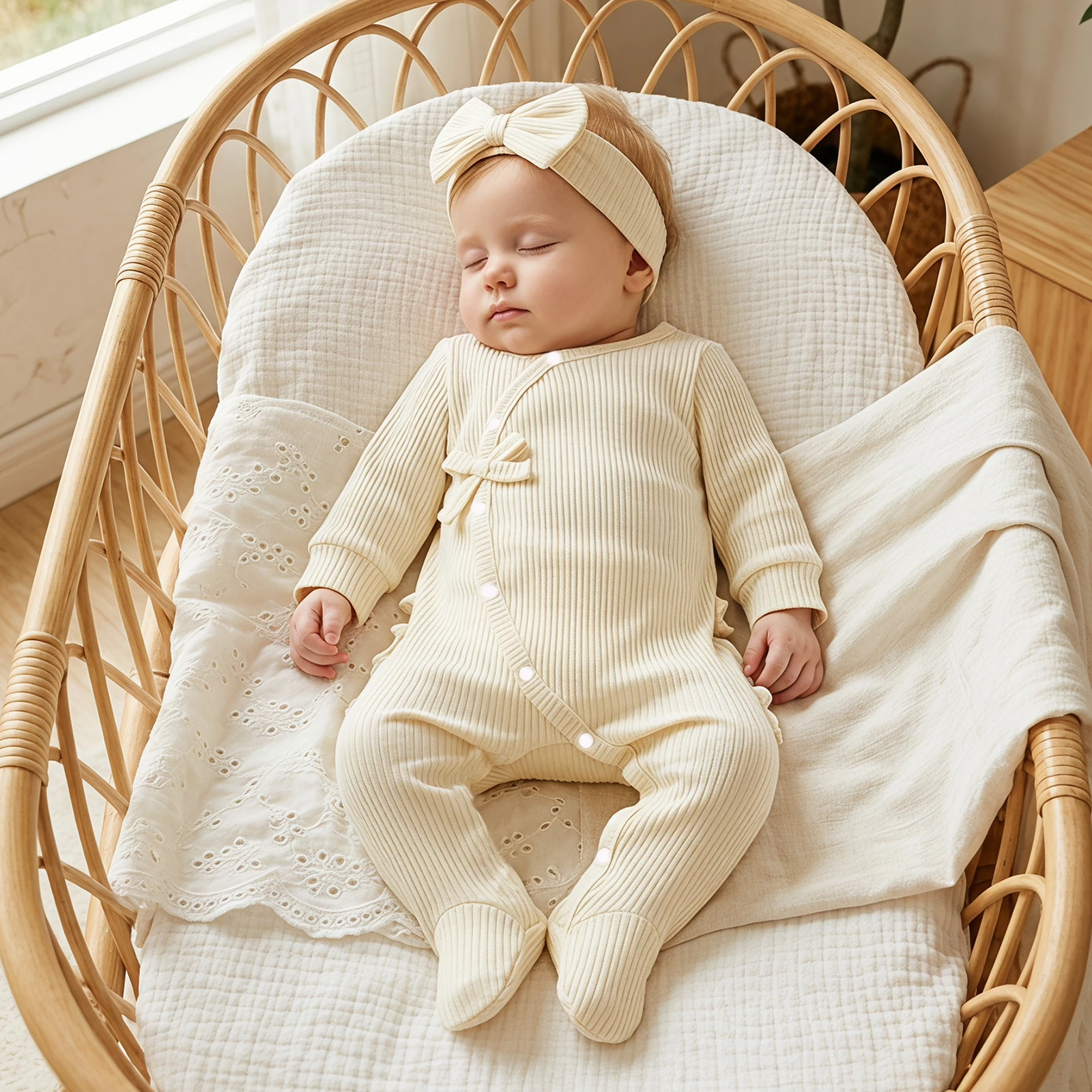 Newborn Baby Girl Fall Jumpsuits Outfit Ribbed Long Sleeve Solid Color Footed Romper Headband Baby Coming Home Clothes