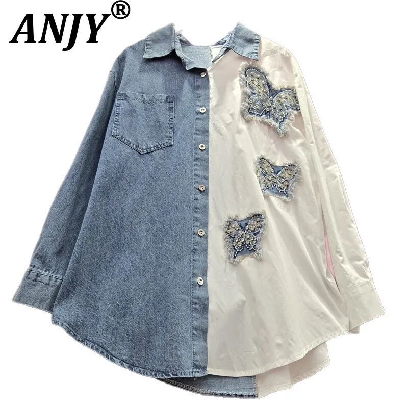 

ANJY Autumn New Women Y2K Shirt Embroidery Studded Diamonds Patchwork Denim Contrast Color High Street Elegant Casual Tops A8903