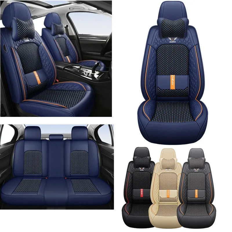 

Full Set 5-Seat Car Seat Covers with Built-in Lumbar Support & 2 Headrests –Nappa Leather & Ice Silk Stitched Universal Fit