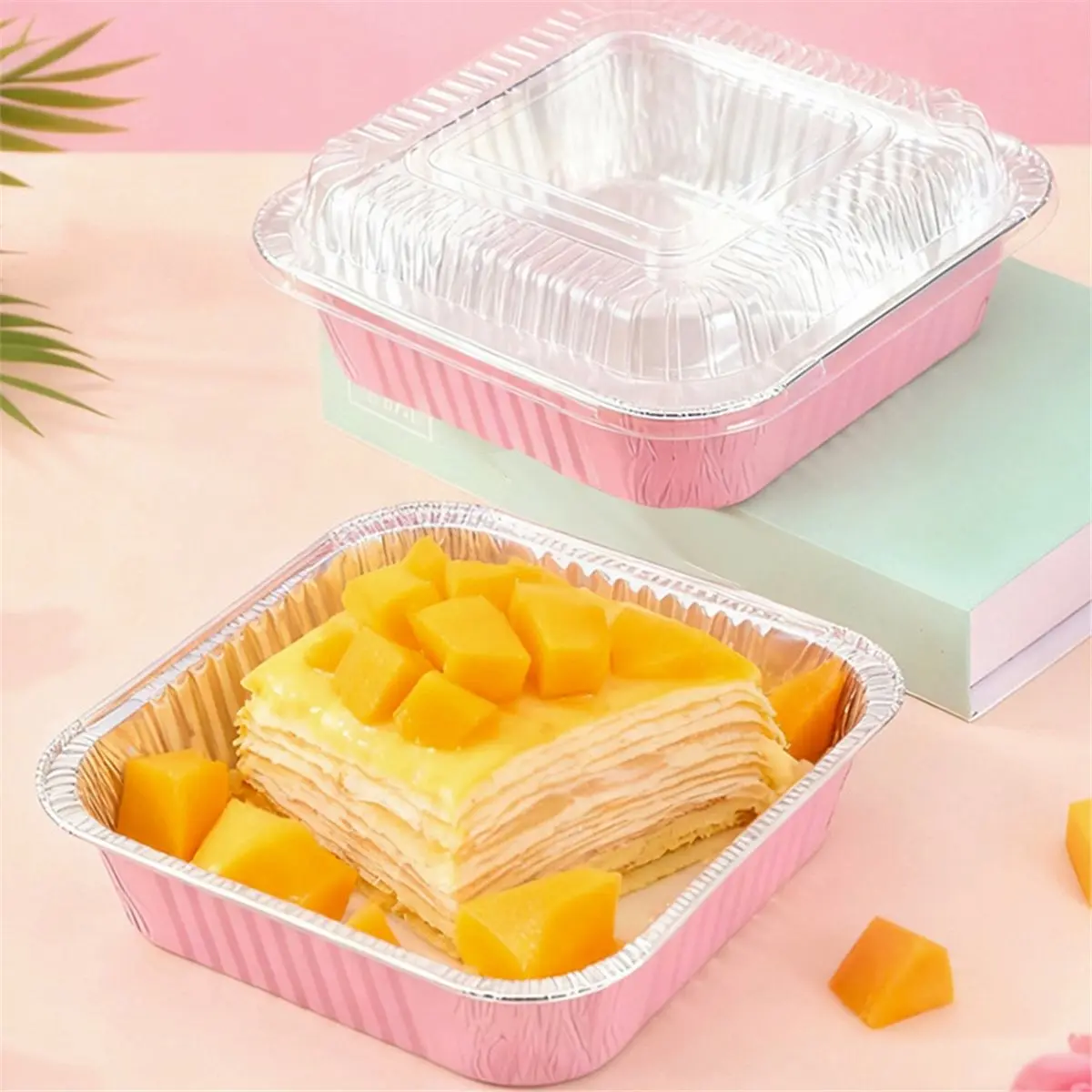 【AT48】 NEW 35 Pack Pink 8x8 Inch Disposable Aluminum Pans with Plastic Lids,Stickers and Cake Spoons ,for Baking Trays,Foil Pans