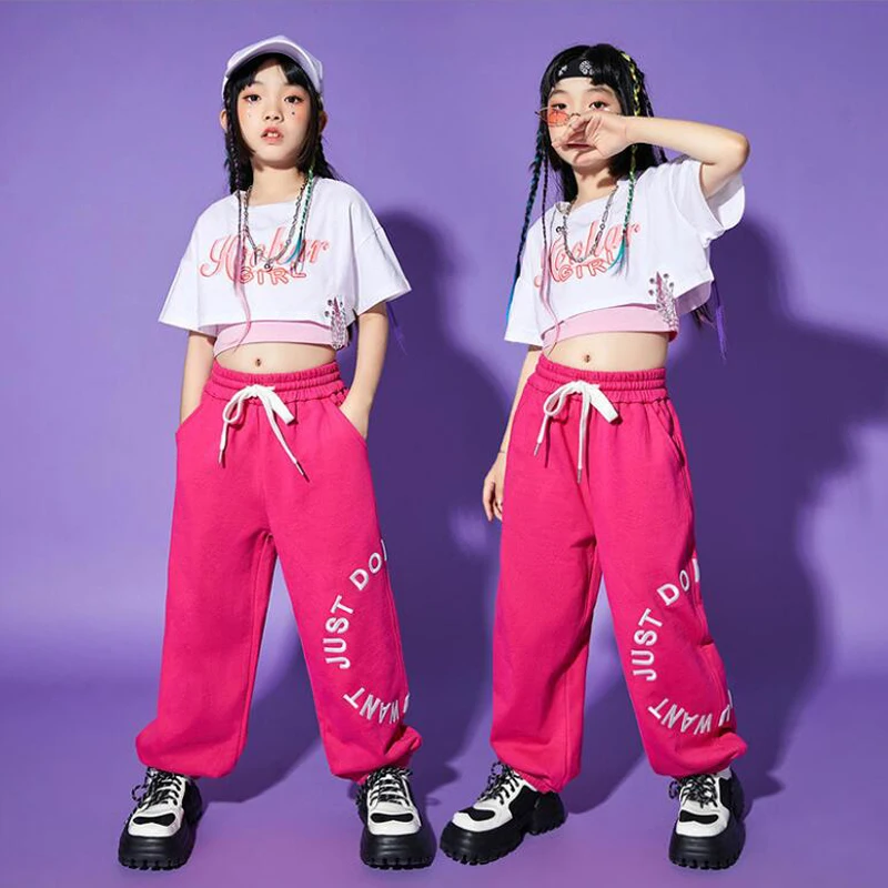 Kids Kpop Hip Hop Clothing Crop Top Short Sleeve T Shirt Tee Streetwear Sweat Pants For Teenage Girl Jazz Dance Costume Clothes