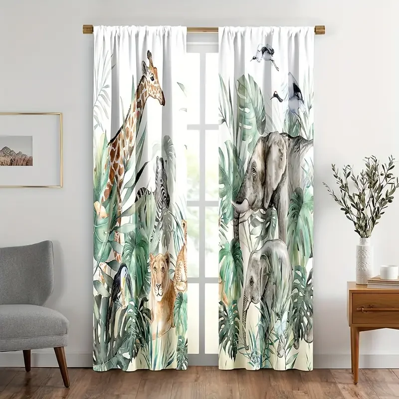 2pcs Cute Giraffe Curtains for Bedroom Living Room Kids Zoo Animal Curtains Cartoon Animal Drapes Decor Elephant Floral Leaf Gre