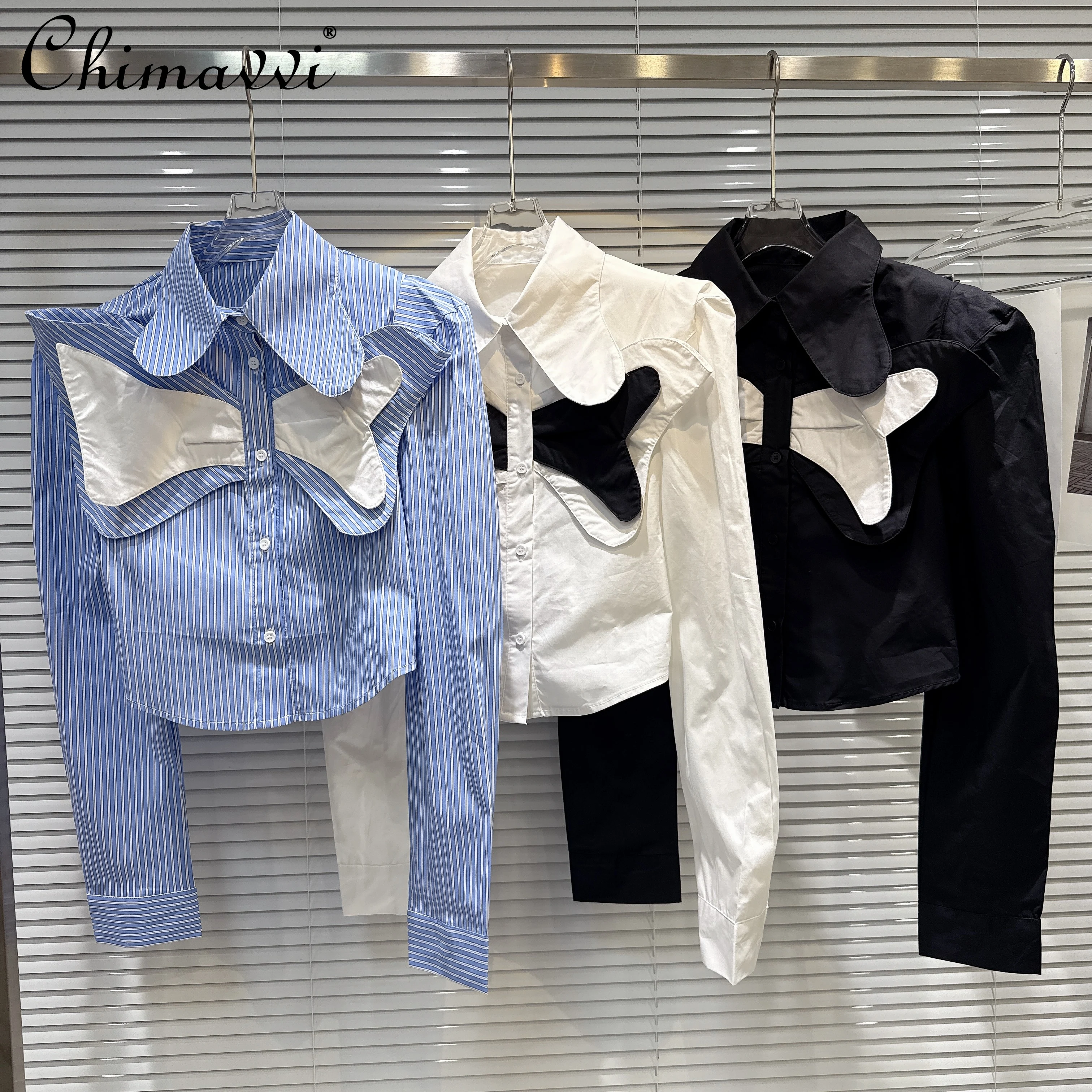 

Fashion Streetwear Women's Clothing Blouses Autumn Polo Collar Long Sleeve 3D Bow Single-Breasted Striped Shirts Tops for Womens