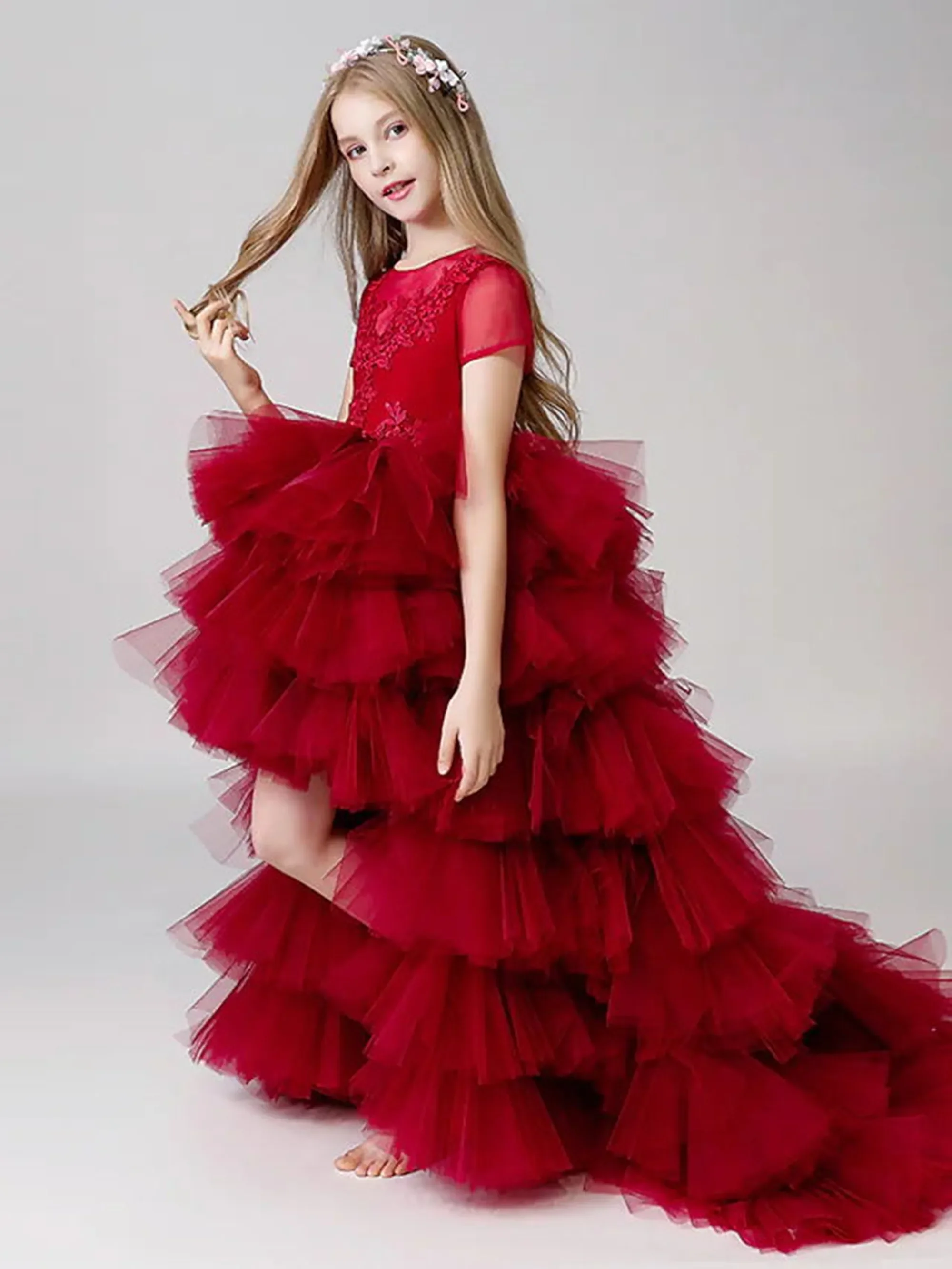 Red Flower Girl Dresses For Wedding Kids Tiered Tulle First Communion Dress Long Custom Made High Low Pageant Birthday Gown