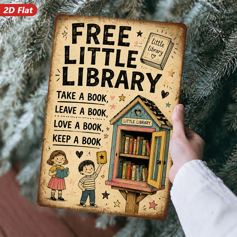 2D Flat, 1pc Metal Sign Wall Art, Little Free Library Home Decor, Rustic Style, Kids Sharing Scene, Ideal for Living Room, Study