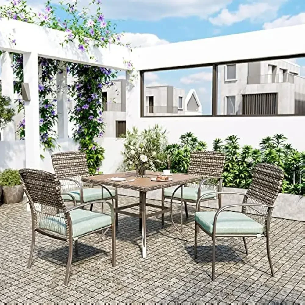 

5 Piece Patio Dining Set, Green, Weather Resistant PE Rattan Table and Chairs, Comfortable Cushions, Easy Maintenance