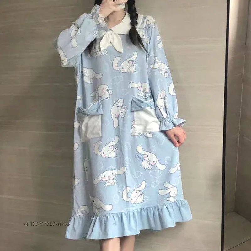 Sanrio Cinnamoroll Kawaii Loose Y2k Woman Dress Spring Autumn Sweet Cartoon Oversize Pijamas Korean Style Sleepdress Clothes