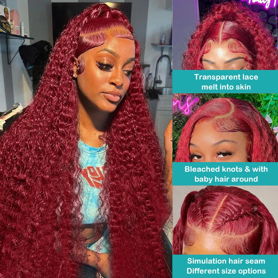 Perruque Lace Front Wig Deep Wave Naturelle Bouclée, Cheveux Humains, Bordeaux 99J, 13x4, 13x6, pour Femme Africaine