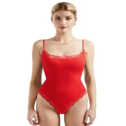 Women Red Leotard Body Suits Tops Sexy Square Neck Thong Bodysuit Cami Lace Bodysuit Tank Top Pink