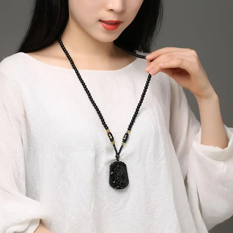 Imitation Black Obsidian Carved Chinese Twelve Zodiac Lucky Blessing Animal Pendant Beads Necklace Vintage Gift Jewelry