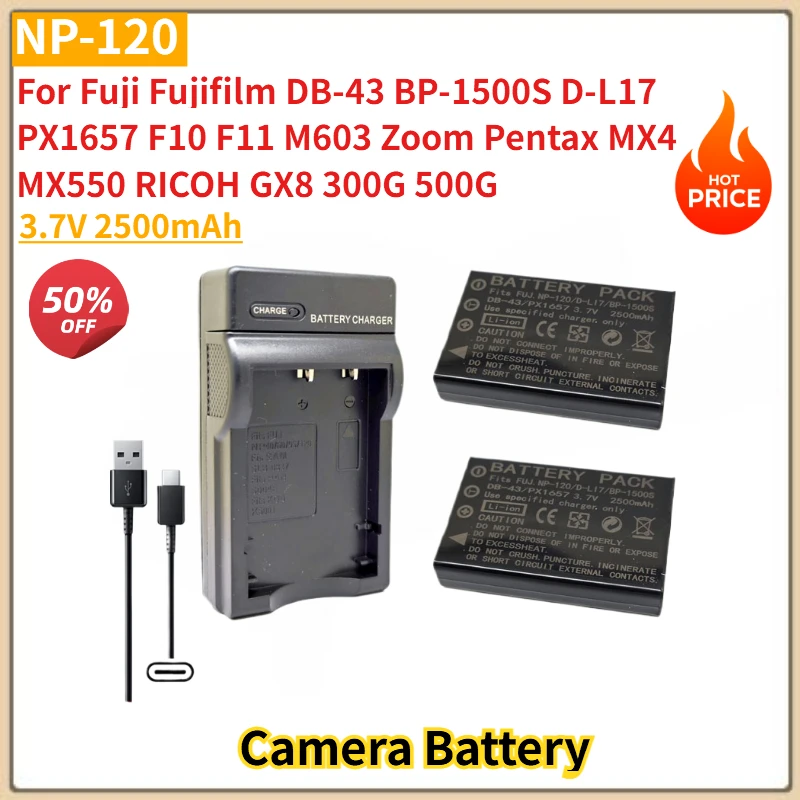

3.7V 2500mAh NP-120 NP120 Camera Battery +USB Charger for Fuji Fujifilm F11 F10 M603 Zoom Pentax MX4 MX550 RICOH GX8 300G 500G