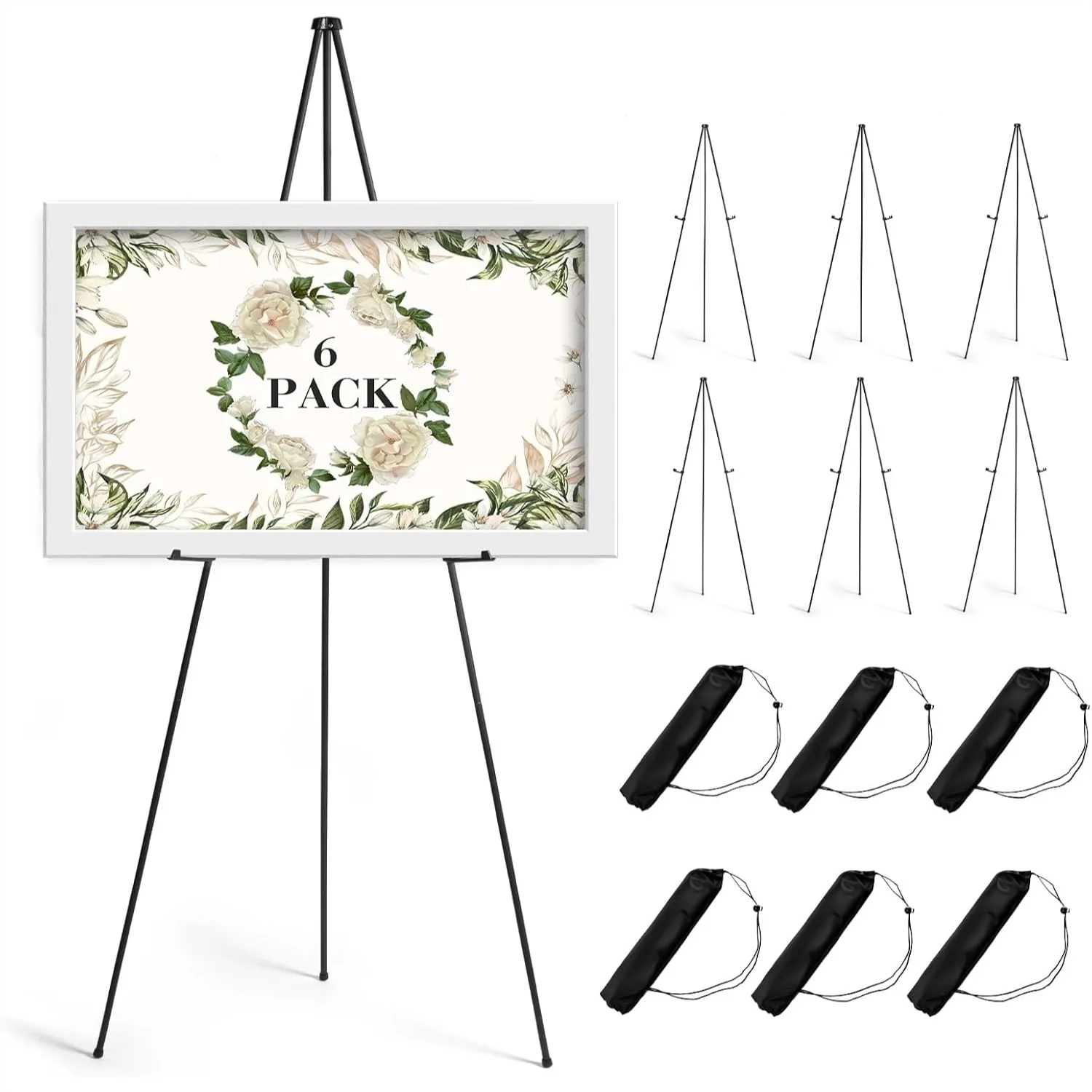 

63" Easel Stand for Sign, 6 Pack Portable Easel for Painting, Foldable Black Metal Display Stand, Adjustable Poster Holder for