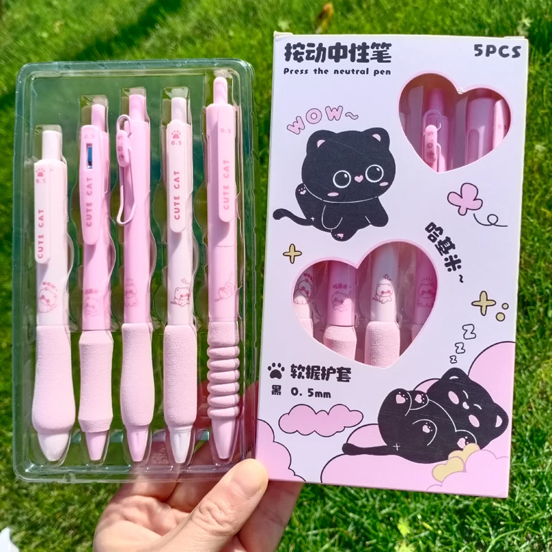 Bolígrafos de Gel Kawaii de secado rápido, 5 piezas, supersuaves, serie rosa, bonitos gatitos, tinta negra, artículos de papelería japoneses Kawaii