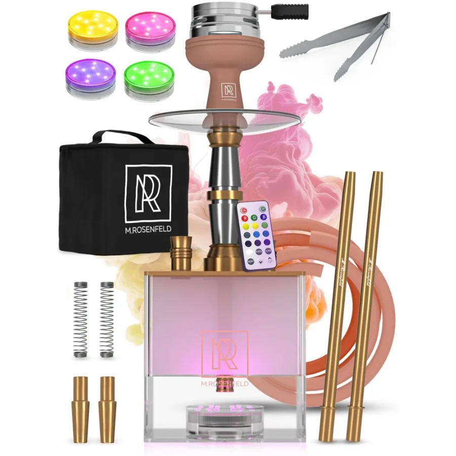 

Rose Gold Hookah Set 2 Hose YADO Square Hookah To Go with Hookah Charcoal Holder Heat Management Device and Big Rose Silicone H