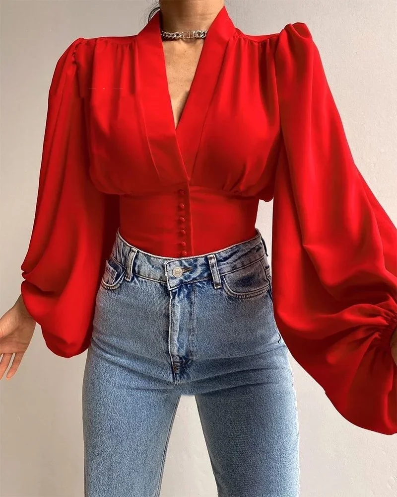 2024 frühling Satin frauen Bluse Rot Lange Laterne Hülse Taste V-ausschnitt Elegante Weibliche Hemd Frühling Mode Vintage Damen Top