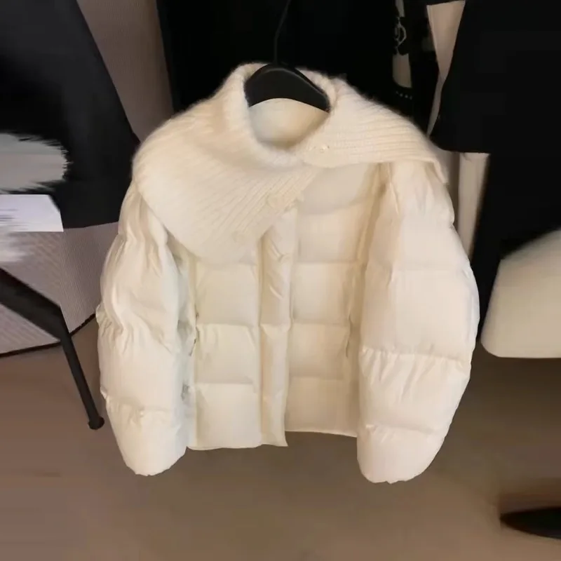 Korean High-End Knitted Collar Patchwork Cotton Jacket Women's Short Warm Outerwear 2026 New Design Trendy Cold Proof