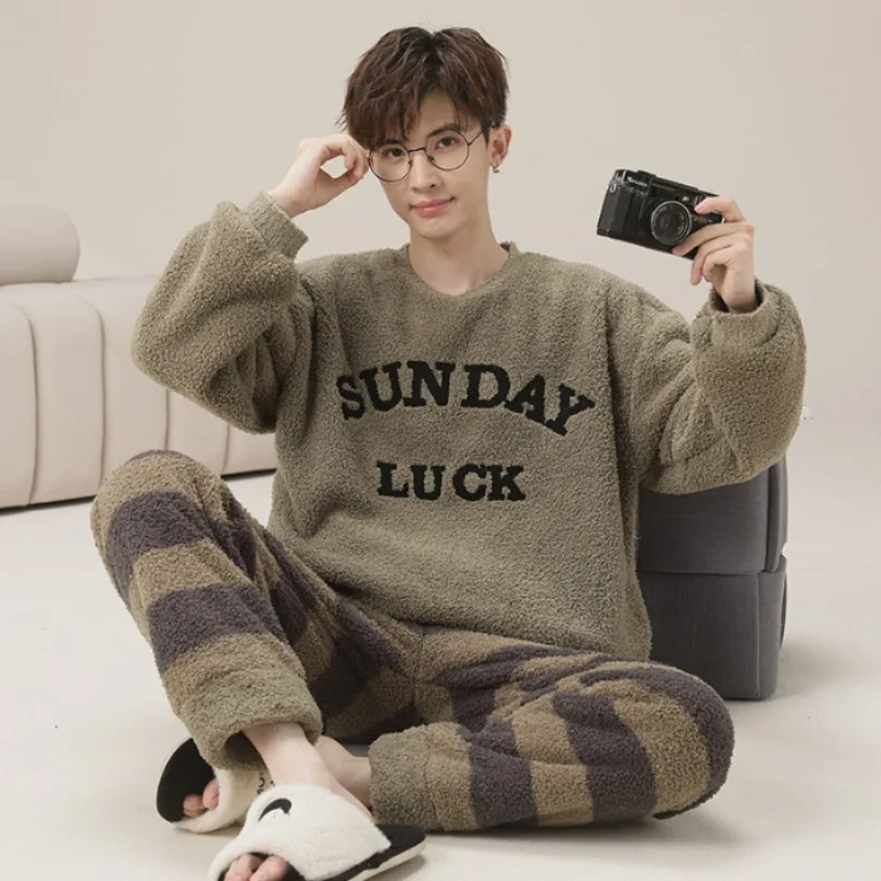 حجم كبير بيجامة شتوية الرجال الشتاء سميكة المرجان الصوف الدافئة ملابس خاصة الكورية الشباب الكرتون المتسكعون الفانيلا قطعتين مجموعة #6