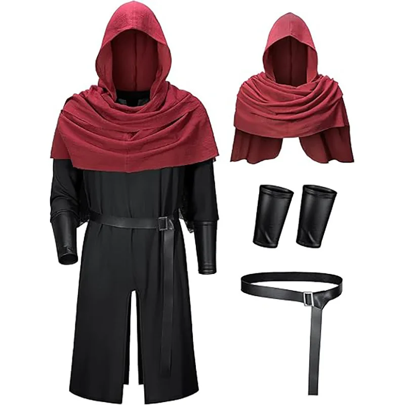 Men's Renaissance Medieval Knight Pirate Cosplay Costume Brown Robe Hooded Cape Cloak Stage Performance Halloween Party Outfit - view 6