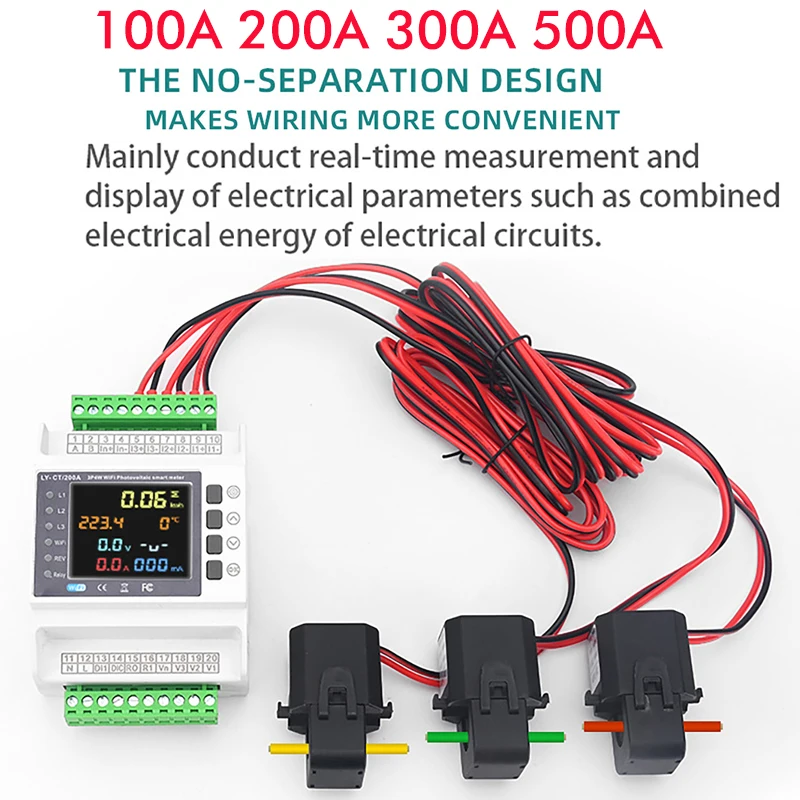 

100A 200A 300A WiFi Smart Energy Meter Bi-Directional with 3 CT Clamps Over Under Voltage Protector Relay Switch for Home Auto