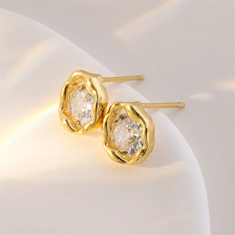 Gold Silver Color Simple AAA Zircon Irregular Stud Earrings For Women Sparkling CZ Studs Wedding Engagement Jewelry