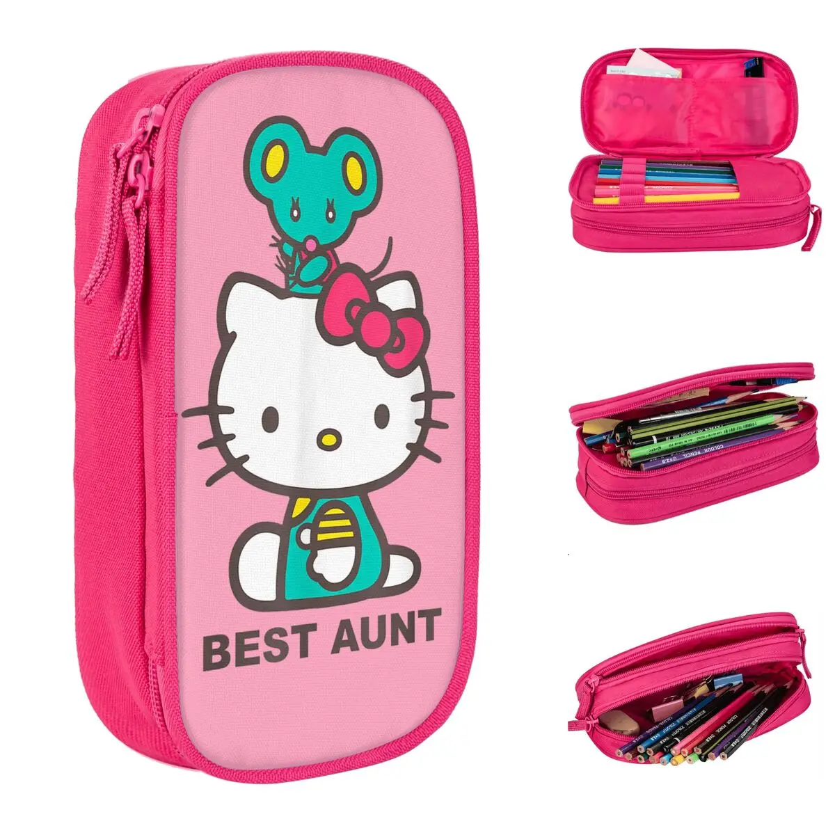 Fashion Hello Kitty Best Aunt Pencil Cases Pencilcases Pen for Student Large Storage Bag School Supplies Zipper Accessories