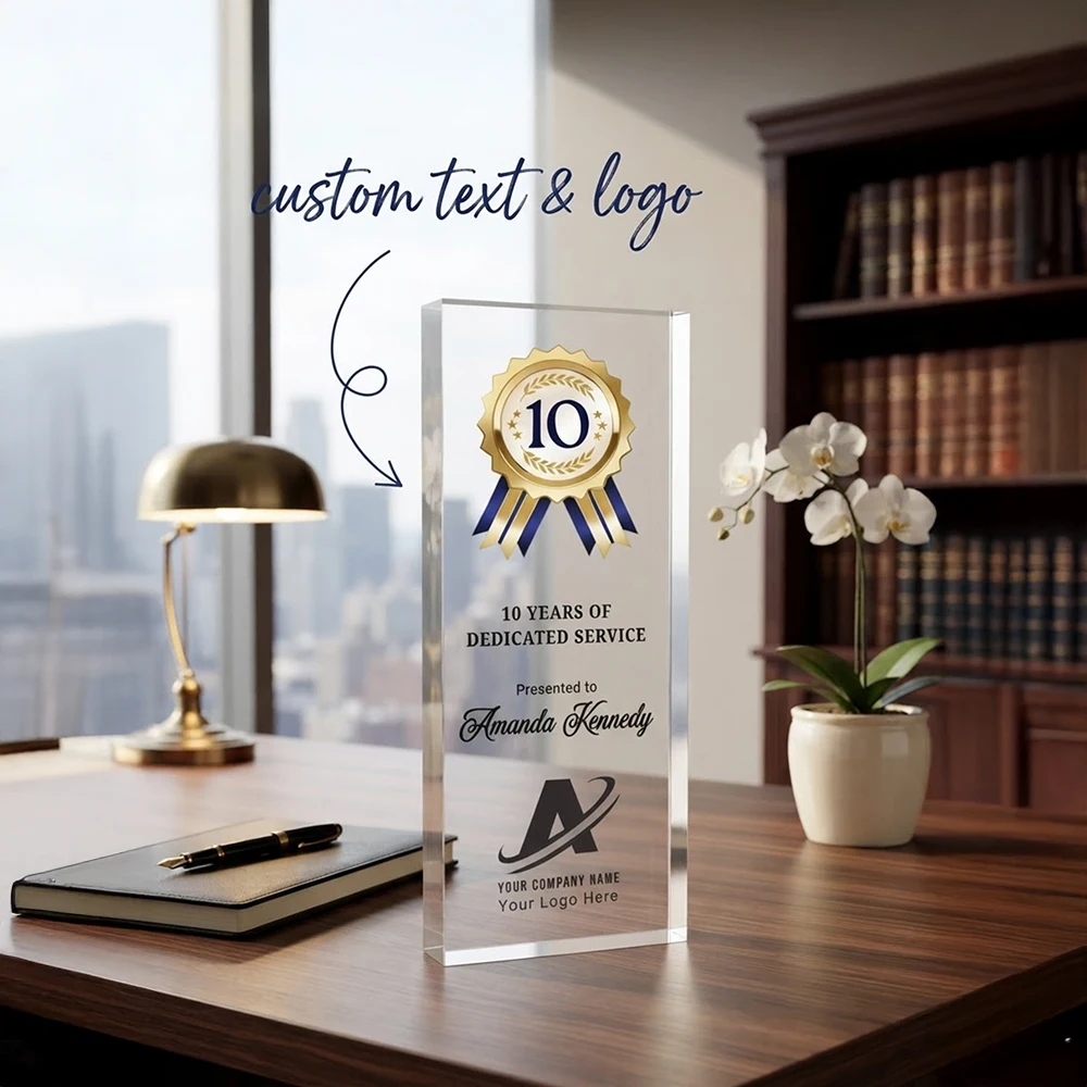 Personalized Crystal Service Award, Custom Logo Text Acrylic Plaque for Employee Years of Dedicated Service Appreciation Gift