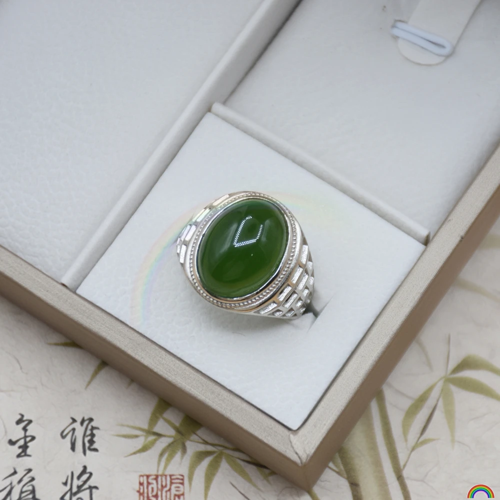 Natural Hotan Jade Jasper Ring S925 silver inlaid egg surface spinach green jade ring Rwbuy brand design