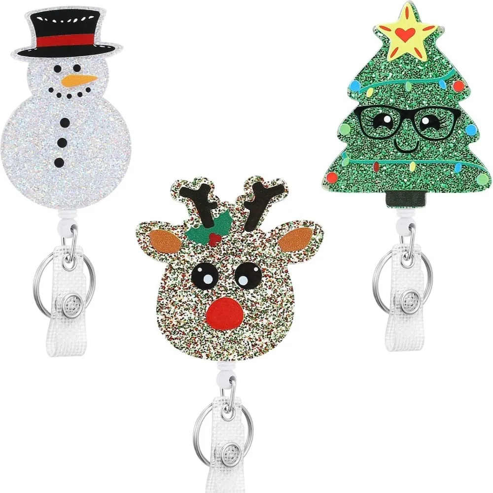 

New Christmas Tree Elk Snowman Buckle Badge Clip Glitter Acrylic Christmas Gift Retractable Nurse Badge