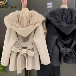 Single Breasted Windbreaker for Female, Adjustable Waist Woollen Coats, Korean Casual Overcoat , Spring and Autumn,2024