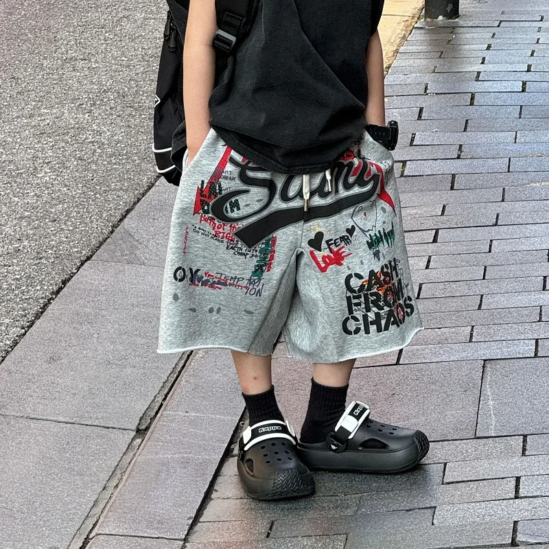2026 Summer New Korean Edition Boys' Fashion Trendy Cool Versatile Graffiti Casual Sports Pants Children's Stylish Shorts Trendy