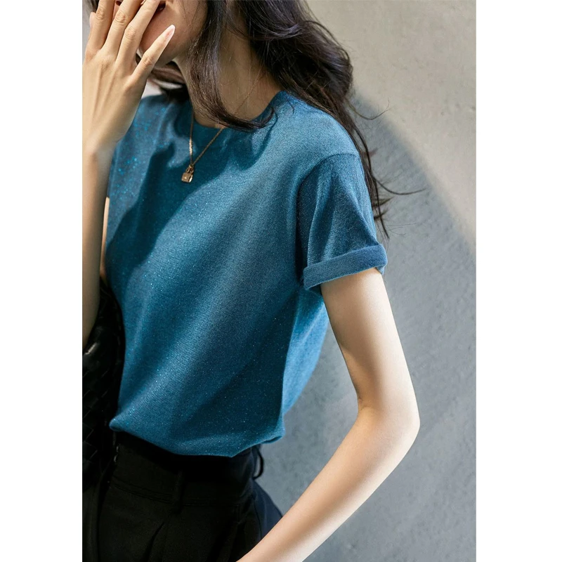 Women Clothes Bright Silk Elegant Thin Ice Silk Basic Knitted T Shirt Summer Fashion O Neck Short Sleeve Chic Pullover Knit Tops