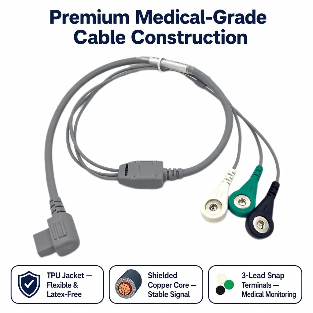 ECG Cable 3-Lead Snap One Piece - Adult TPU - Model 0010