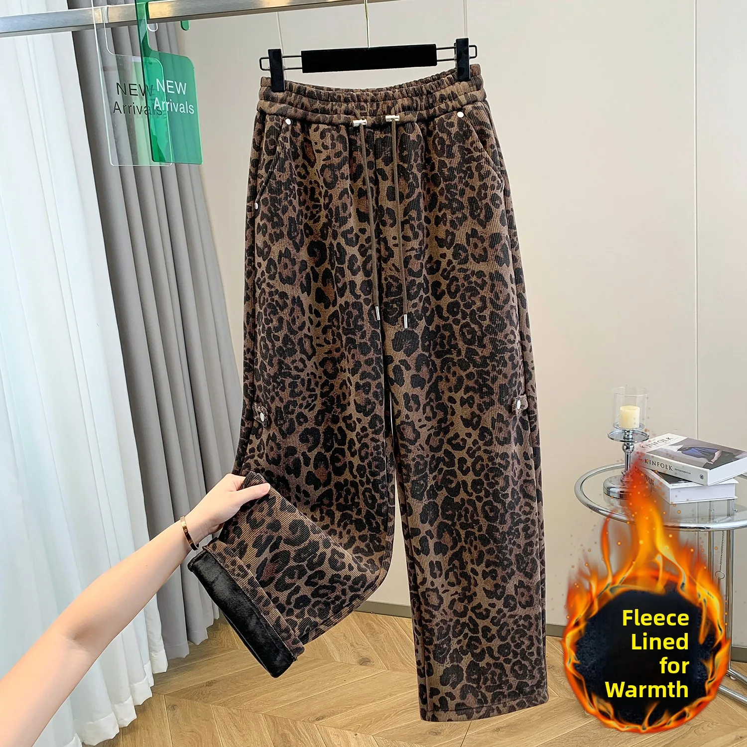 حجم كبير المرأة الرياضية بنطال ذو قصة أرجل واسعة عالية الخصر ثنى Thiened Fce الخريف الشتاء الموز السراويل Sweatpants