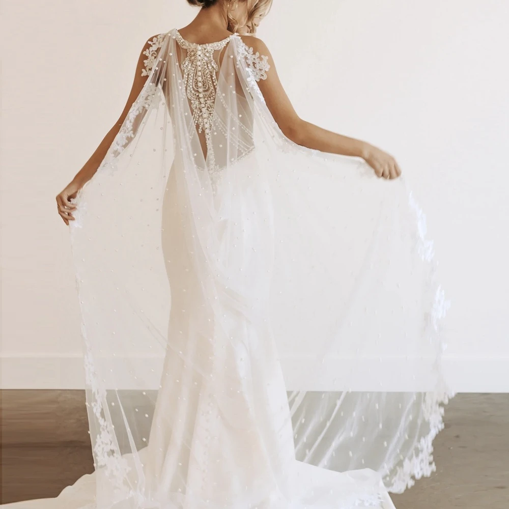 Cape de voile de mariage longue avec appliques de dentelle pour les patients, bord de perles, mantille brodée, mariée, accessoires de mariage, haute